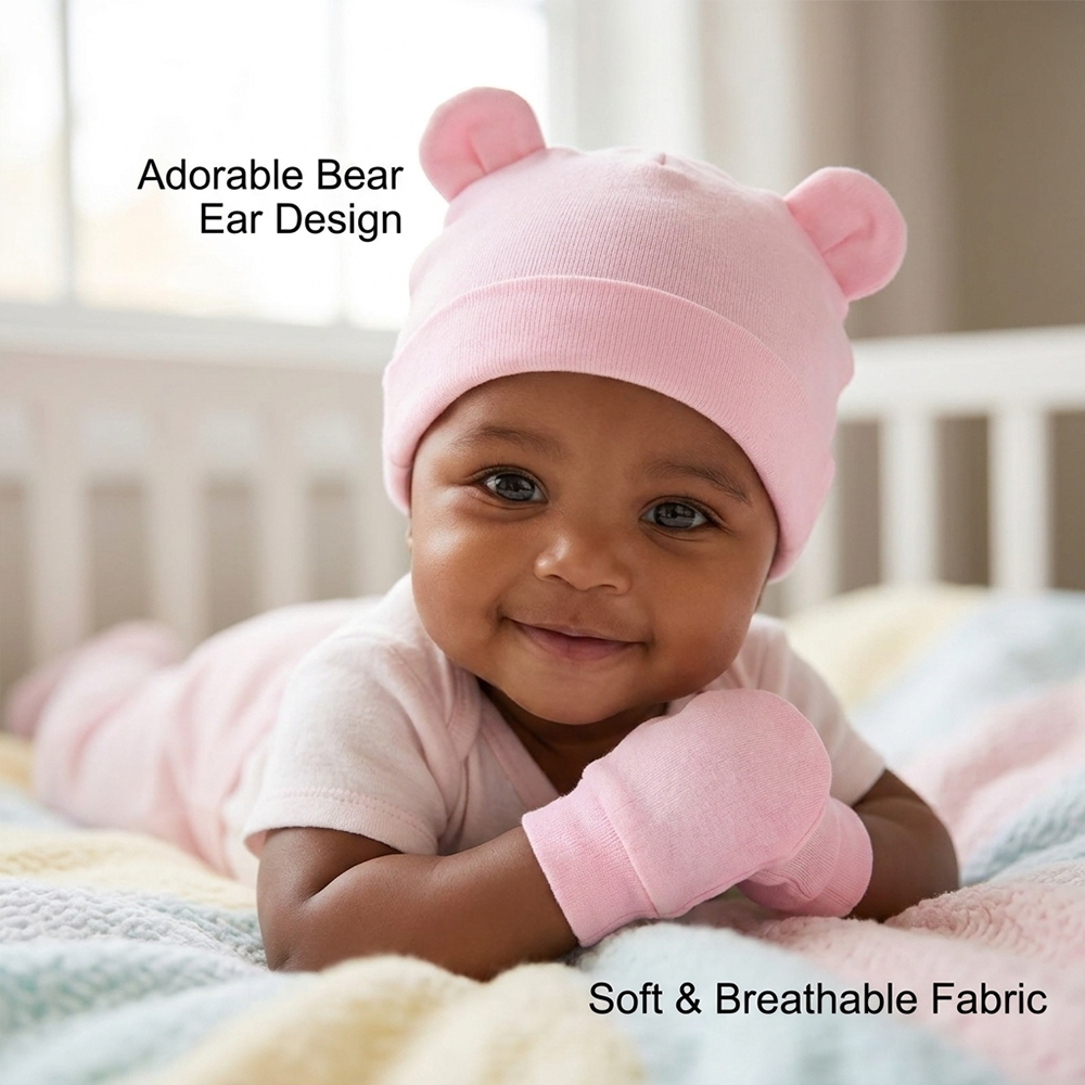 kids Hat Gloves & Slipper Socks Set Bear Ear Turban Child Anti-grabbing Gloves 3-Pack (0-3 Yrs)