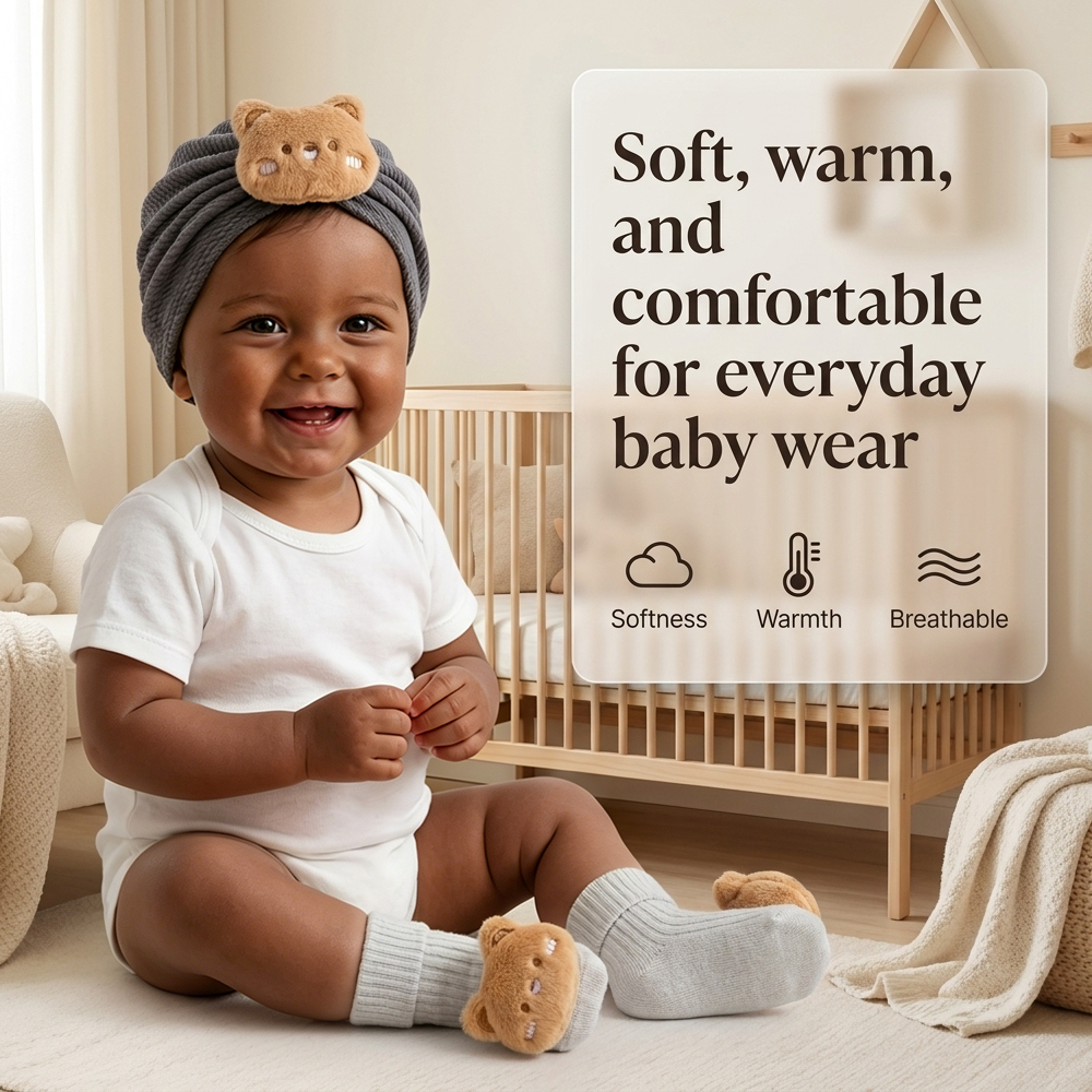 Kids Hat and Socks Set 2 In 1  Newborn Turban & Socks Cute Bear Decoration Baby Turbans Socks  (0-3 Yrs)