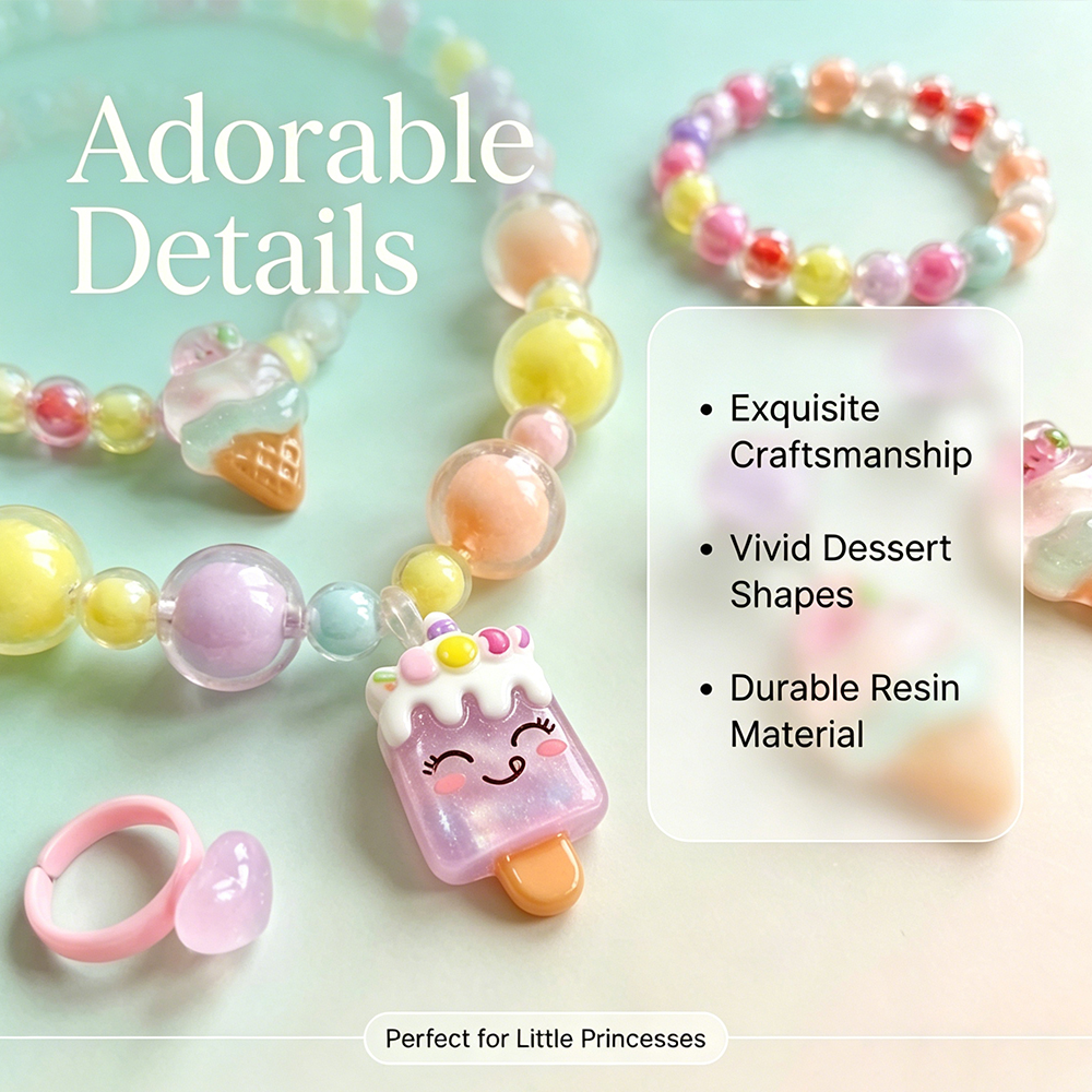 Girls Jewelry Set Cute 5-Piece Ice Cream Theme Jewelry Set Necklaces Bracelets Rings Ear Clips