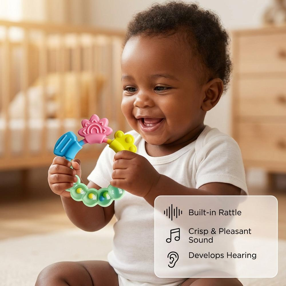 2Pcs Baby-Safe Rattle Teether 3 Kinds of Bite Points Infant 2-Pack Silicone Teether PC Rattle (0+ Months)