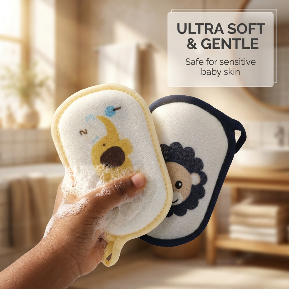 2-Piece Baby Bath Sponge Children Sponge Cute Cartoon Design with Hanging Rope