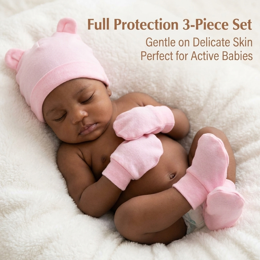 kids Hat Gloves & Slipper Socks Set Bear Ear Turban Child Anti-grabbing Gloves 3-Pack (0-3 Yrs)