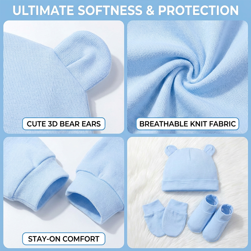 kids Hat Gloves & Slipper Socks Set Bear Ear Turban Child Anti-grabbing Gloves 3-Pack (0-3 Yrs)