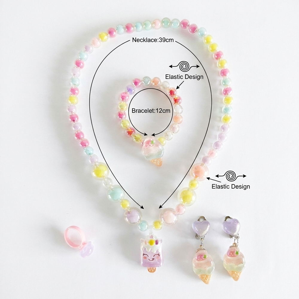 Girls Jewelry Set Cute 5-Piece Ice Cream Theme Jewelry Set Necklaces Bracelets Rings Ear Clips