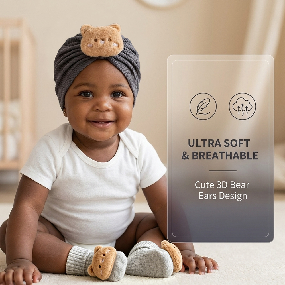 Kids Hat and Socks Set 2 In 1  Newborn Turban & Socks Cute Bear Decoration Baby Turbans Socks  (0-3 Yrs)
