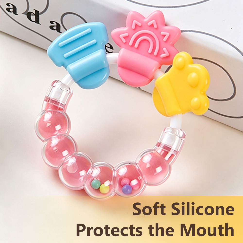 2Pcs Baby-Safe Rattle Teether 3 Kinds of Bite Points Infant 2-Pack Silicone Teether PC Rattle (0+ Months)