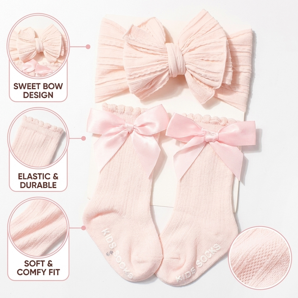 Kids Headband and Socks Set 2 In 1 Turban & Socks Bow Decoration (0-3 Yrs)