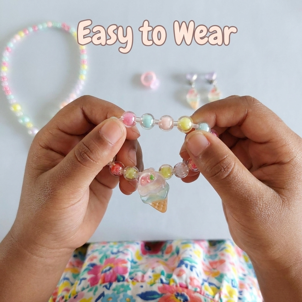 Girls Jewelry Set Cute 5-Piece Ice Cream Theme Jewelry Set Necklaces Bracelets Rings Ear Clips