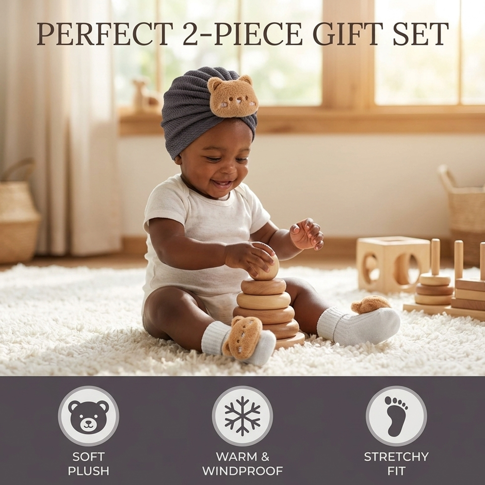 Kids Hat and Socks Set 2 In 1  Newborn Turban & Socks Cute Bear Decoration Baby Turbans Socks  (0-3 Yrs)