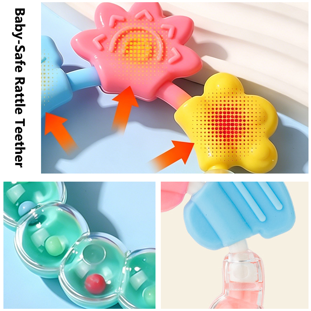 2Pcs Baby-Safe Rattle Teether 3 Kinds of Bite Points Infant 2-Pack Silicone Teether PC Rattle (0+ Months)