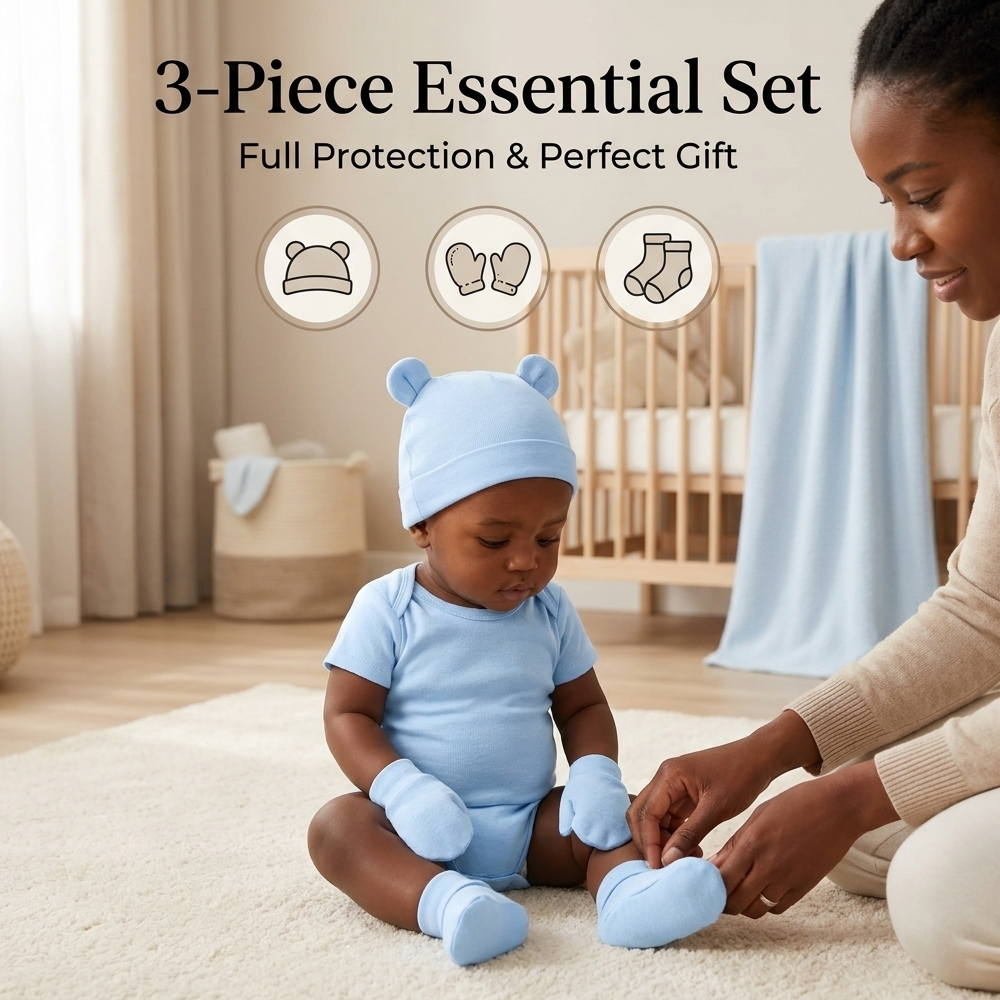 kids Hat Gloves & Slipper Socks Set Bear Ear Turban Child Anti-grabbing Gloves 3-Pack (0-3 Yrs)