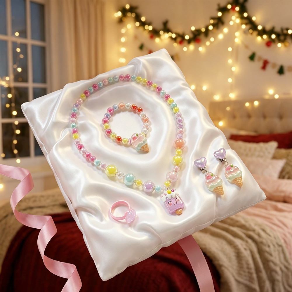 Girls Jewelry Set Cute 5-Piece Ice Cream Theme Jewelry Set Necklaces Bracelets Rings Ear Clips