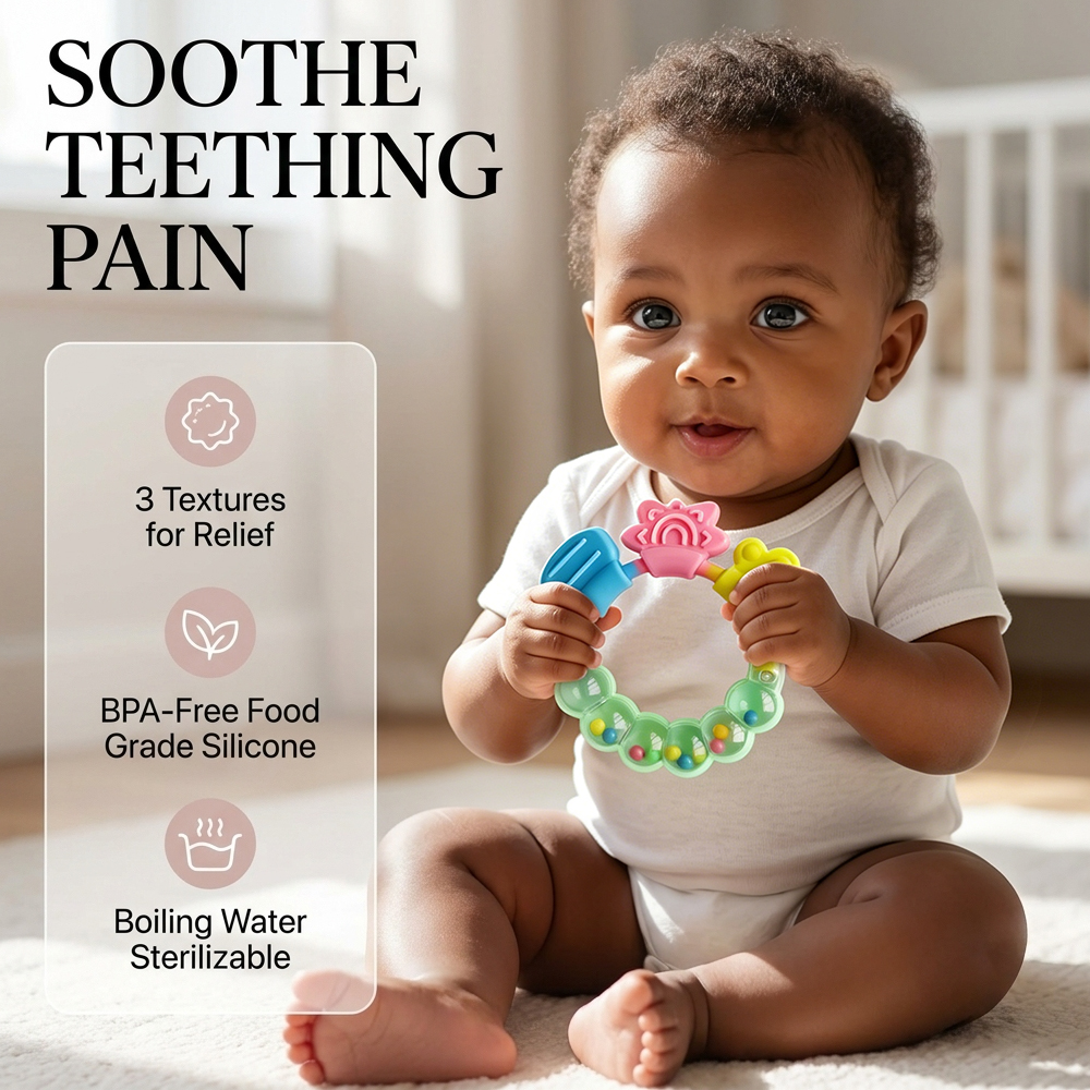 2Pcs Baby-Safe Rattle Teether 3 Kinds of Bite Points Infant 2-Pack Silicone Teether PC Rattle (0+ Months)