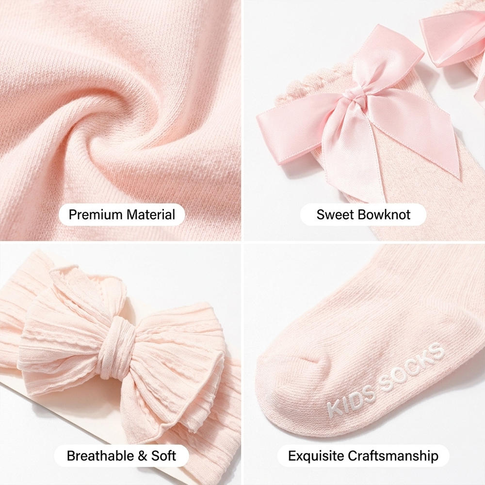 Kids Headband and Socks Set 2 In 1 Turban & Socks Bow Decoration (0-3 Yrs)