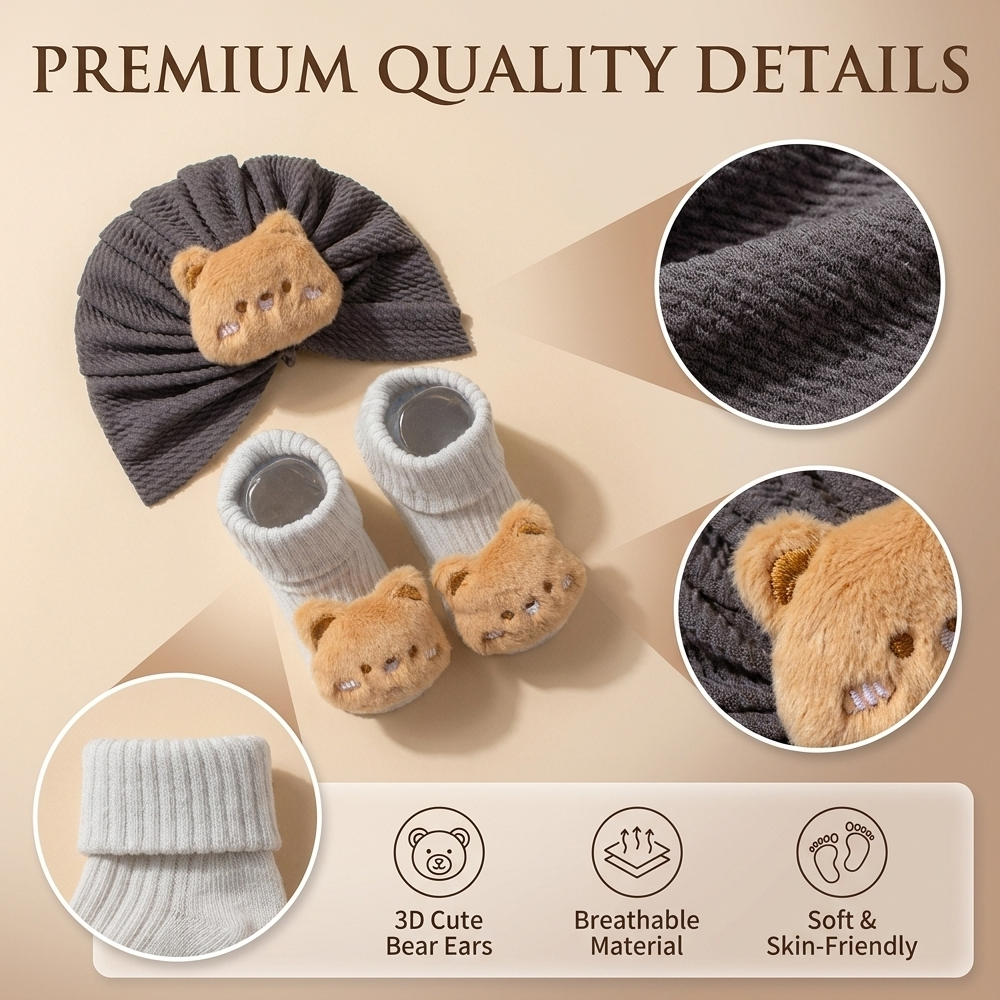 Kids Hat and Socks Set 2 In 1  Newborn Turban & Socks Cute Bear Decoration Baby Turbans Socks  (0-3 Yrs)
