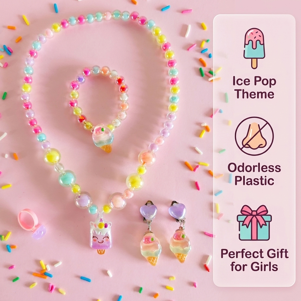 Girls Jewelry Set Cute 5-Piece Ice Cream Theme Jewelry Set Necklaces Bracelets Rings Ear Clips