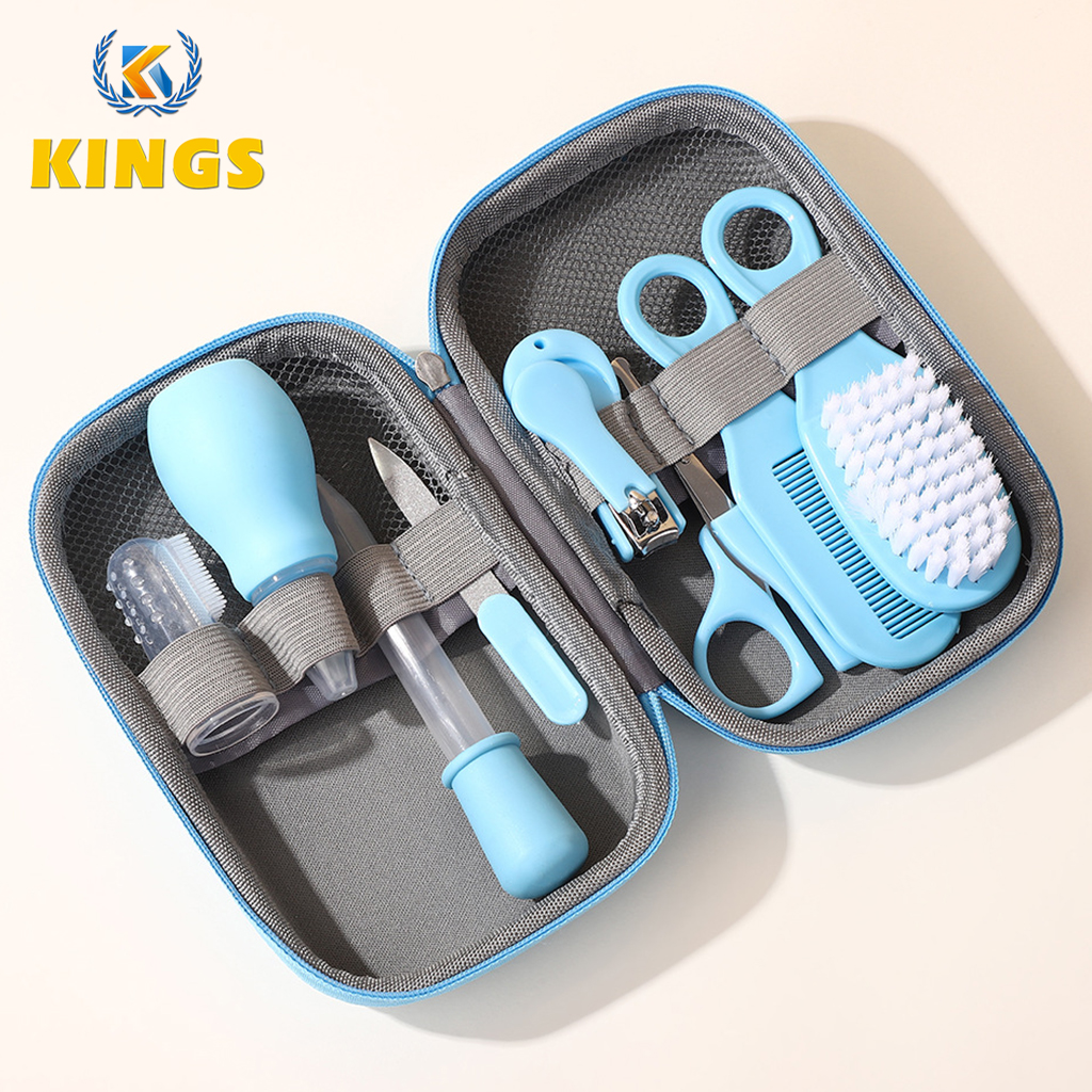 8 Pcs Portable Infant Care Tools Set Nail clipper Nail s cissors Nail file Finger cot toothbrush Nasal a spirator Hair comb Scalp Brush M edicine feeder