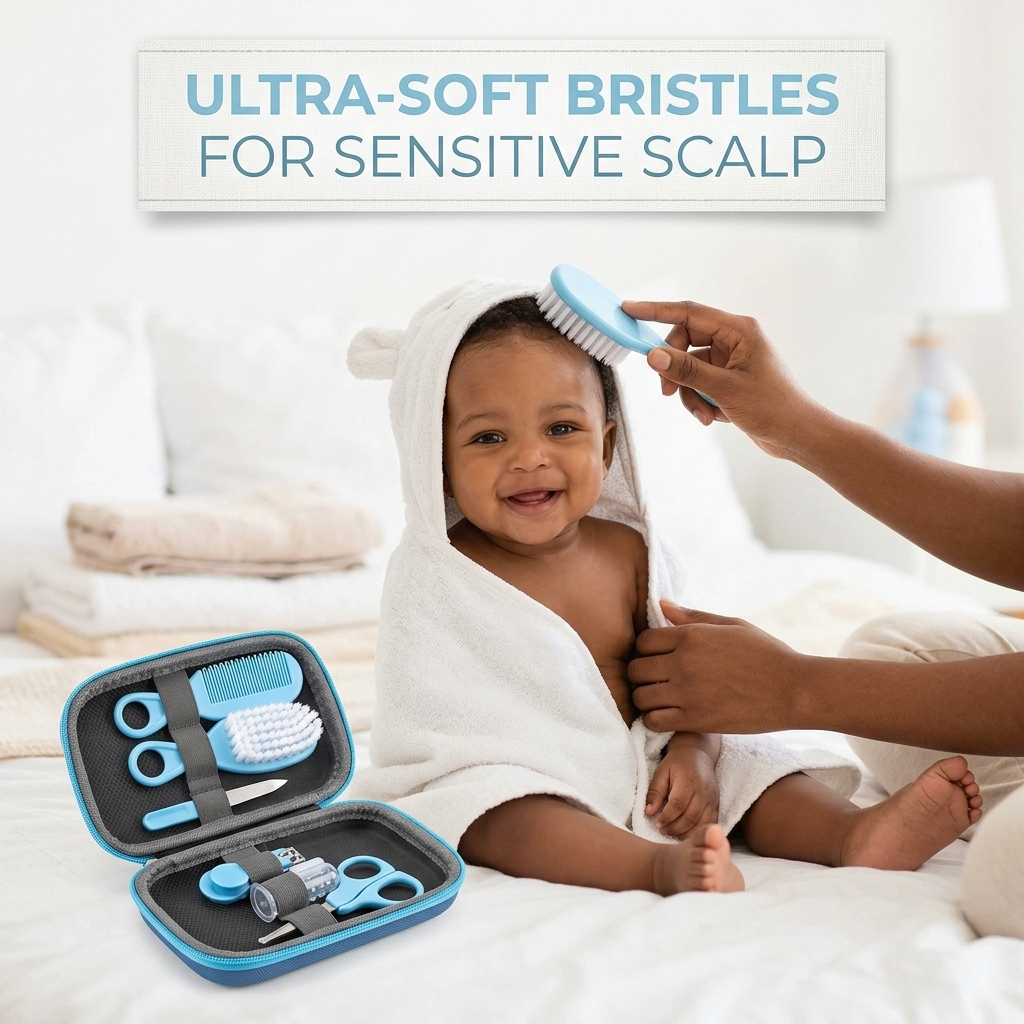 8 Pcs Portable Infant Care Tools Set Nail clipper Nail s cissors Nail file Finger cot toothbrush Nasal a spirator Hair comb Scalp Brush M edicine feeder