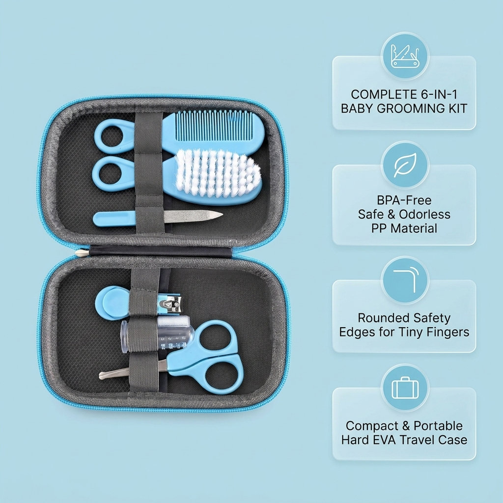 8 Pcs Portable Infant Care Tools Set Nail clipper Nail s cissors Nail file Finger cot toothbrush Nasal a spirator Hair comb Scalp Brush M edicine feeder