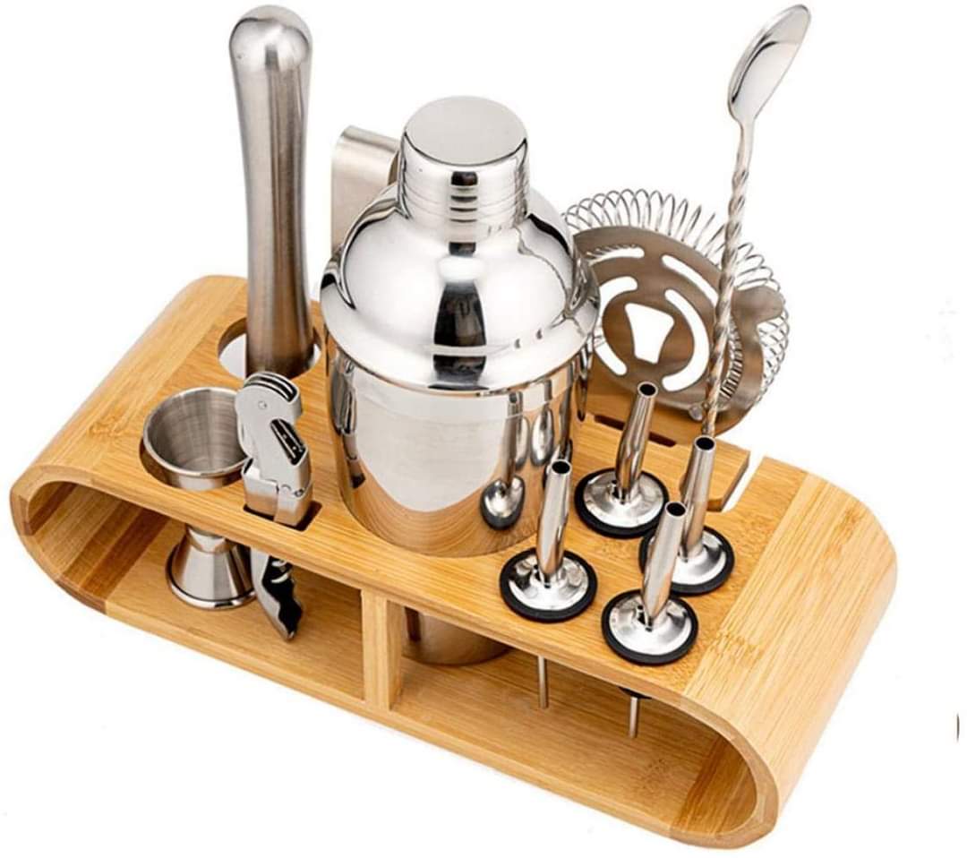 High Quality Stainless Steel Kitchen & Home Cocktail Shaker Set – Complete Mixology Kit with Shaker, Jigger, Spoon, Strainer, Corkscrew, Ice Tongs, Muddler, Pourers & Bamboo Stand.