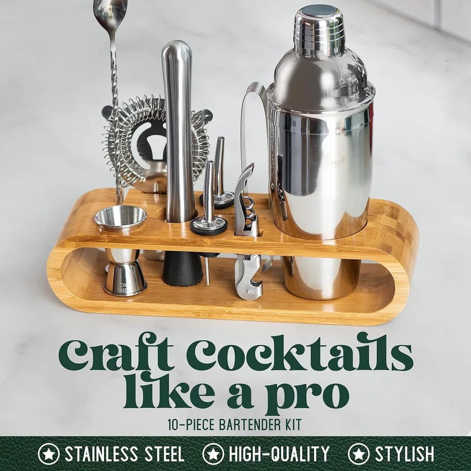 High Quality Stainless Steel Kitchen & Home Cocktail Shaker Set – Complete Mixology Kit with Shaker, Jigger, Spoon, Strainer, Corkscrew, Ice Tongs, Muddler, Pourers & Bamboo Stand.