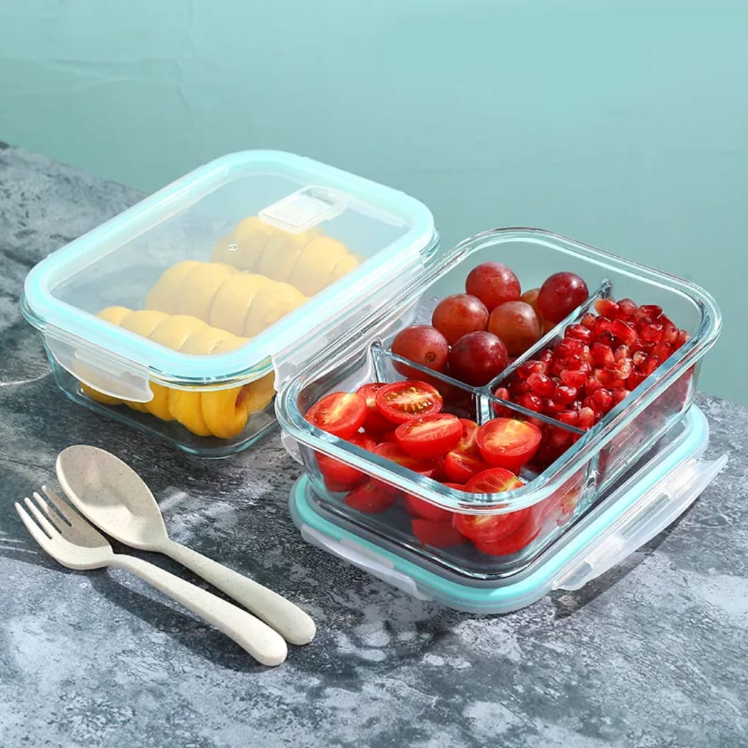 High Quality Borosilicate Partitioned Heat Resistant Portable Glass Lunch Box 1040ml – Double Compartment Microwave Safe Food Container for Meal Prep, Home, Office & Travel Use