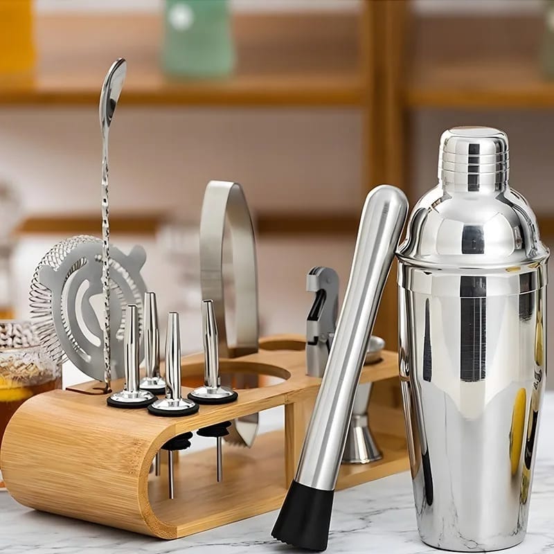 High Quality Stainless Steel Kitchen & Home Cocktail Shaker Set – Complete Mixology Kit with Shaker, Jigger, Spoon, Strainer, Corkscrew, Ice Tongs, Muddler, Pourers & Bamboo Stand.