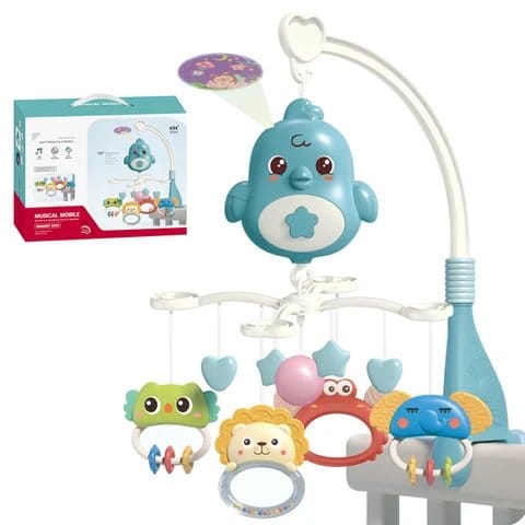 Portable Musical Baby Cot Mobile – 360° Rotating Crib Bell with Cute Animal Characters, Detachable Hanging Toys & Teething Rattle for Infant Sensory Stimulation