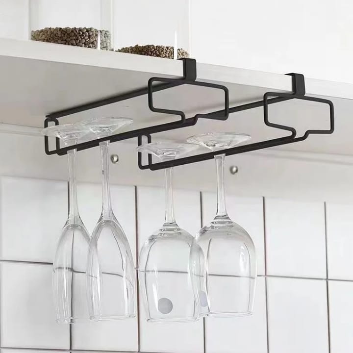 Punch-Free Under Cabinet Metallic Wine Glass Holder – Champagne & Wine Glass Hanging Rack, Multipurpose Kitchen Cabinet Stemware Storage Organizer