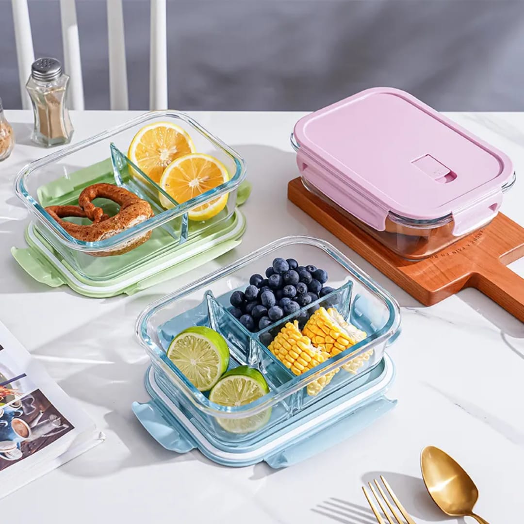 High Quality Borosilicate Partitioned Heat Resistant Portable Glass Lunch Box 1040ml – Double Compartment Microwave Safe Food Container for Meal Prep, Home, Office & Travel Use