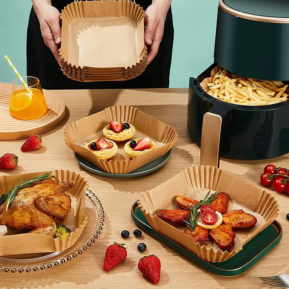 50PCS Non-Stick Air Fryer Liners Set – Square & Round Disposable Baking Paper Liners for Air Fryer, Oven & Steaming Use, Oil-Proof Food Grade Sheets