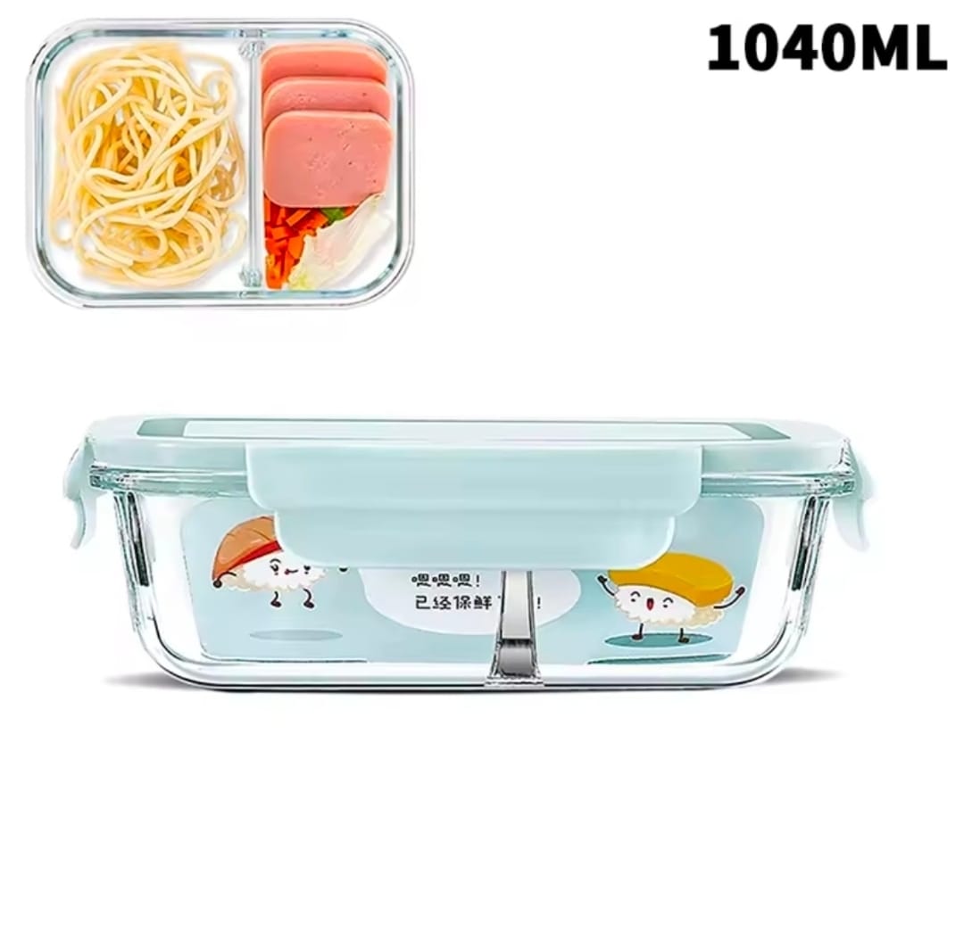 High Quality Borosilicate Partitioned Heat Resistant Portable Glass Lunch Box 1040ml – Double Compartment Microwave Safe Food Container for Meal Prep, Home, Office & Travel Use