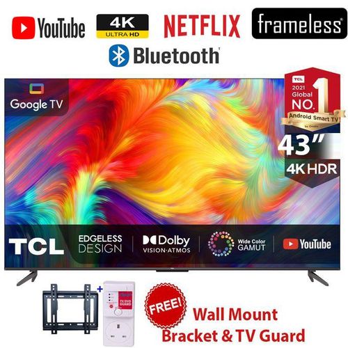 TCL 43" Inch 4K Ultra HD Smart Google Android TV 43V6D(2026 MODEL) Direct LED TV,HDR10, Bluetooth WIFI ,NETFLIX,YOUTUBE,APP STORE,DOLBY,PRIME VIDEO,GOOGLE CAST SCREEN-BLACK +FREE TV GUARD+BRACKET