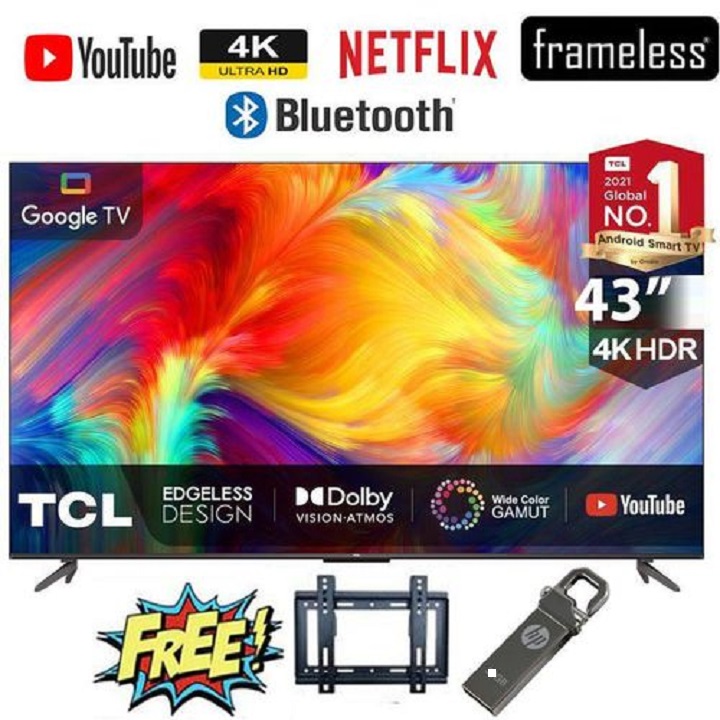 TCL 43" Inch 4K Ultra HD Smart Google Android TV 43V6D(2026 MODEL) Direct LED TV,HDR10, Bluetooth WIFI ,NETFLIX,YOUTUBE,APP STORE,DOLBY,PRIME VIDEO,GOOGLE CAST SCREEN-BLACK+FREE BRACKET+FLASH DISK