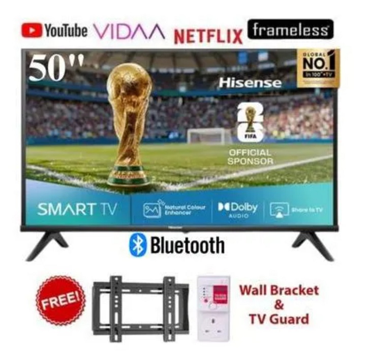 HISENSE 50" INCH SMART TV  50A4Q (2026 Model)- 50" Inch TELEVISION,VIDAA OS,DOBLY AUDIO Bluetooth Connectivity, WIFI,2K FULL HD TV,NETFLIX,YOUTUBE+2 YEARS WARRANTY+FREE WALL BRACKET+TV POWER GUARD