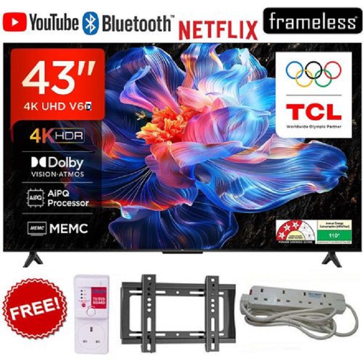 TCL 43" Inch 4K Ultra HD Smart Google Android TV 43V6D(2026 MODEL) Direct LED TV,HDR10, Bluetooth WIFI ,NETFLIX,YOUTUBE,APP STORE,DOLBY,PRIME VIDEO,GOOGLE CAST SCREEN+FREE TVGUARD+BRACKET+EXTENSION