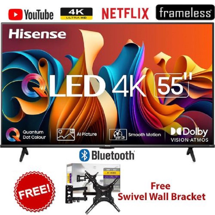HISENSE 55" INCH SMART TV 4K QLED TV 55Q6 Frameless UHD Display, Netflix, YouTube, DOLBY AUDIO,VOICE CONTROL Wi-Fi & Bluetooth ENABLED HISENSE55-2 YEARS WARRANTY+FREE TILT WALL MOUNTING BRACKET