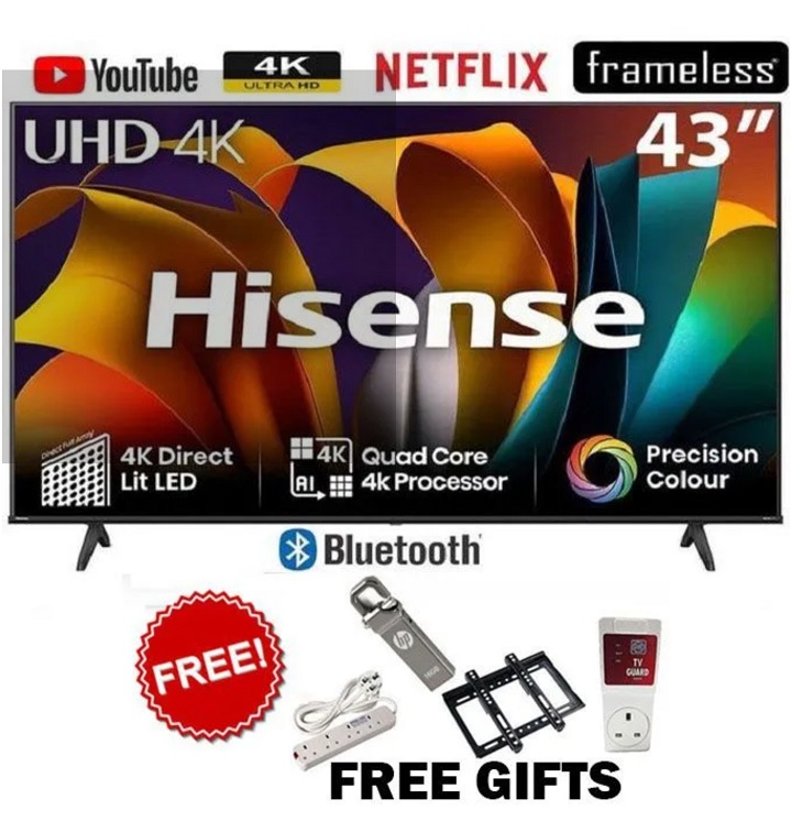 HISENSE 43'' Inch SMART TV 4K ULTRA HD LED TV 43A6 SERIES BLUETOOTH ENABLED TV, WIFI CONNECTIVITY,TELEVISION, HDR 10 Netflix YouTube, DOLBY AUDIO,VIDAA OS,HISENSE43 2YR WARRANTY+ 4 FREE GIFTS