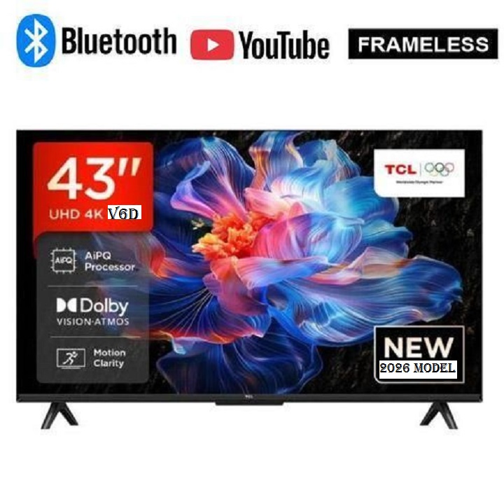 TCL 43" Inch 4K Ultra HD Smart Google Android TV 43V6D(2026 MODEL) Direct LED TV,HDR10, Bluetooth WIFI ,NETFLIX,YOUTUBE,APP STORE,DOLBY,PRIME VIDEO,GOOGLE CAST SCREEN-BLACK-1 YEAR WARRANTY