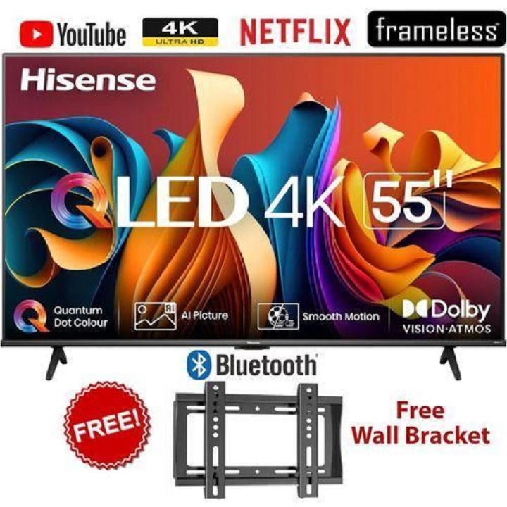 HISENSE 55" INCH SMART TV 4K QLED TV 55Q6 Frameless UHD Display, Netflix, YouTube, DOLBY AUDIO,VOICE CONTROL Wi-Fi & Bluetooth ENABLED HISENSE55-2 YEARS WARRANTY+FREE WALL MOUNTING BRACKET