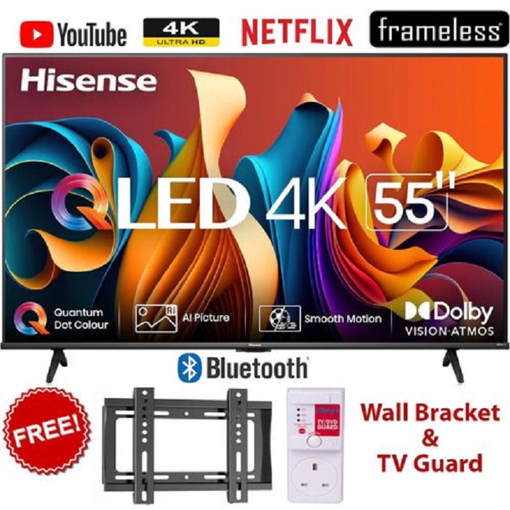 HISENSE 55" INCH SMART TV 4K QLED TV 55Q6 Frameless UHD Display, Netflix, YouTube, DOLBY AUDIO,VOICE CONTROL Wi-Fi & Bluetooth ENABLED HISENSE55-2 YEARS WARRANTY+FREE TV GUARD +  WALL MOUNT BRACKET
