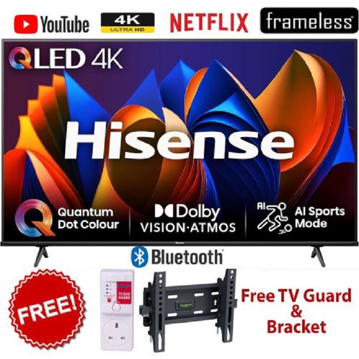 HISENSE 55" INCH SMART TV 4K QLED TV 55Q6 Frameless UHD Display, Netflix, YouTube, DOLBY AUDIO,VOICE CONTROL Wi-Fi & Bluetooth ENABLED HISENSE55-2 YEARS WARRANTY+FREE TV GUARD + TILT WALL BRACKET