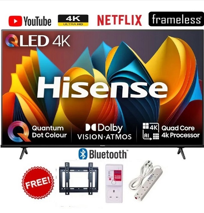 HISENSE 55" INCH SMART TV 4K QLED TV 55Q6 Frameless UHD Display, Netflix, YouTube, DOLBY AUDIO,VOICE CONTROL Wi-Fi & Bluetooth ENABLED HISENSE55-2 YEARS WARRANTY+FREE TV GUARD+EXTENSION + WALL BRACKET