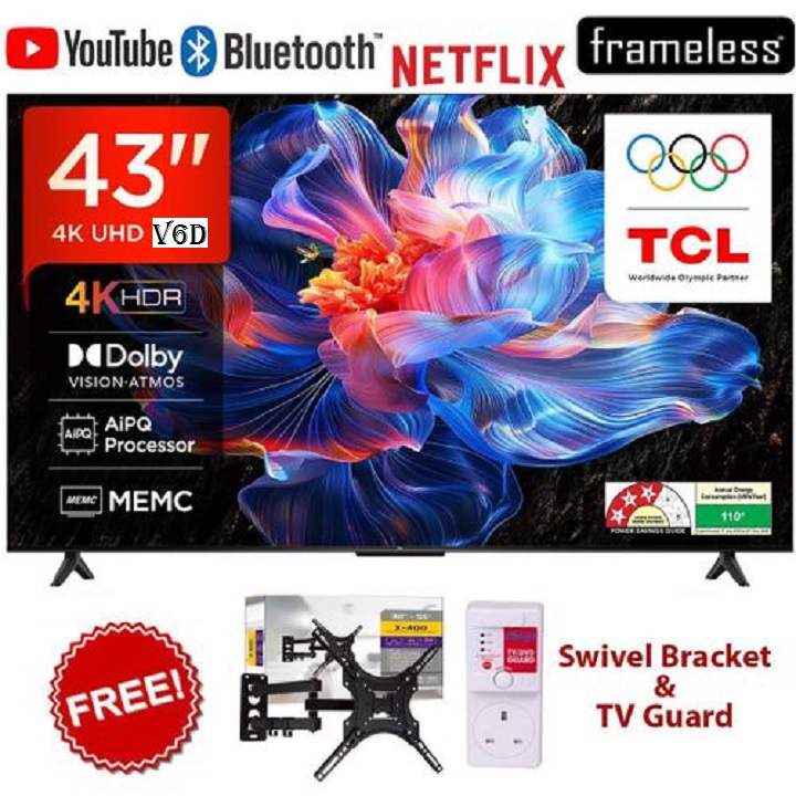 TCL 43" Inch 4K Ultra HD Smart Google Android TV 43V6D(2026 MODEL) Direct LED TV,HDR10, Bluetooth WIFI ,NETFLIX,YOUTUBE,APP STORE,DOLBY,PRIME VIDEO,GOOGLE CAST SCREEN-BLACK +FREE TV GUARD+TILT BRACKET