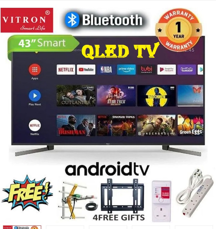 VITRON 43 INCH SMART ANDROID TV QLED TV HTC4300QFS BLUETOOTH FRAMELESS FHD TELEVISION NETFLIX YOUTUBE BUILTIN WIFI APP STORE 1GBRAM 8GBROM 2USB PORTS 3HDMI PORTS VITRON43 PLUS 4 EXTRA FREE GIFTS