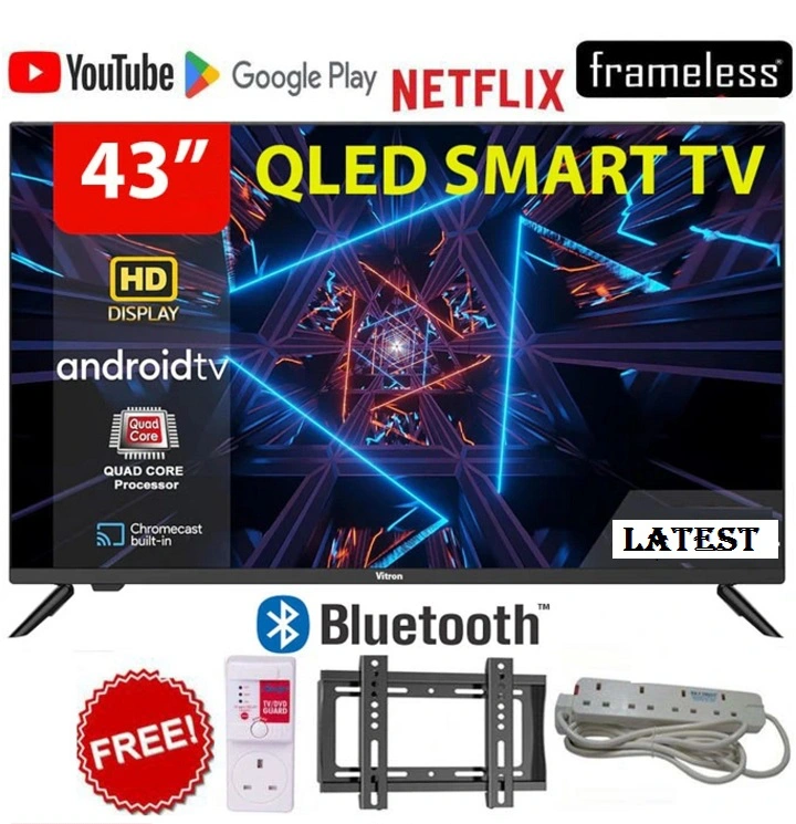 VITRON 43 INCH SMART ANDROID TV QLED FHD TV HTC4300QFS BLUETOOTH TV FRAMELESS DIGITAL TV NETFLIX YOUTUBE TELEVISION BUILT-IN WIFI APP STORE 1GB-RAM 8GB-ROM VITRON TV+FREE TV GUARD+BRACKET+EXTENSION