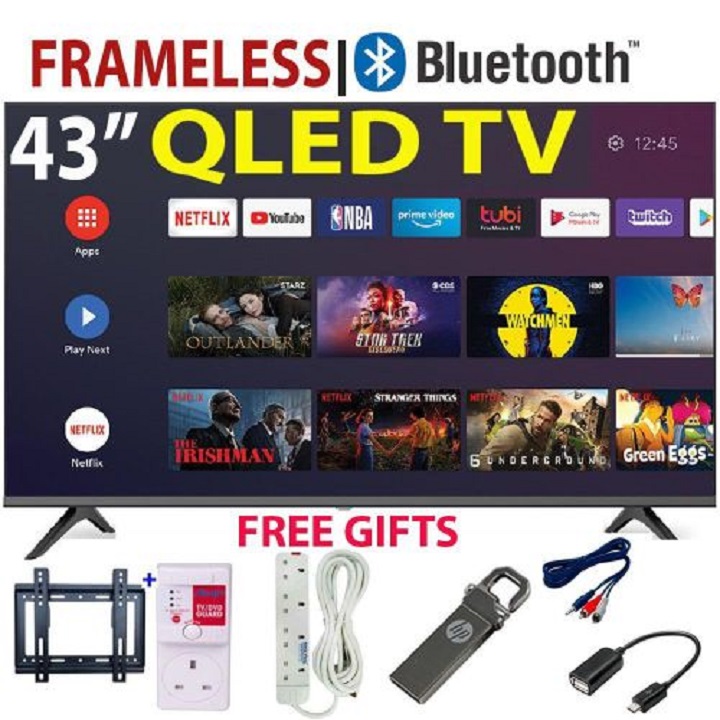 VITRON 43" INCH SMART ANDROID TV QLED TV HTC4300QFS BLUETOOTH FRAMELESS FHD TELEVISION NETFLIX YOUTUBE  43 INCH ,WITH BUILT-IN WIFI, APP STORE 1GB-RAM 8GB-ROM 2*USB PORTS,3*HDMI PORTS + 7 FREE GIFTS