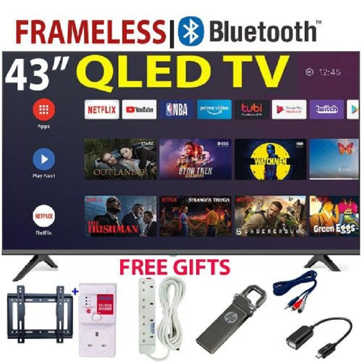 VITRON 43" INCH SMART ANDROID TV QLED TV HTC4300QFS BLUETOOTH FRAMELESS FHD TELEVISION NETFLIX YOUTUBE  43 INCH ,WITH BUILT-IN WIFI, APP STORE 1GB-RAM 8GB-ROM 2*USB PORTS,3*HDMI PORTS + 7 FREE GIFTS