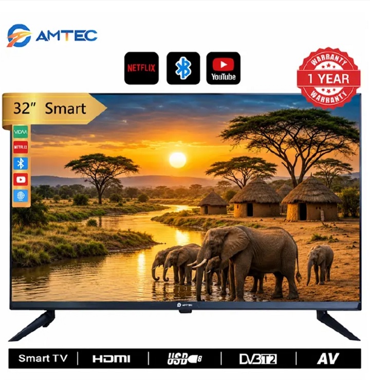 Amtec 32" inch Smart  Android TV Frameless HD  LED Bluetooth Wi-Fi Enabled Mirror Cast Inbuilt Decoder 3HDMI 2USB Port Quad Core 1GB+8GB Netflix YouTube Energy Saving Television Amtec32+ 8 FREE GIFTS
