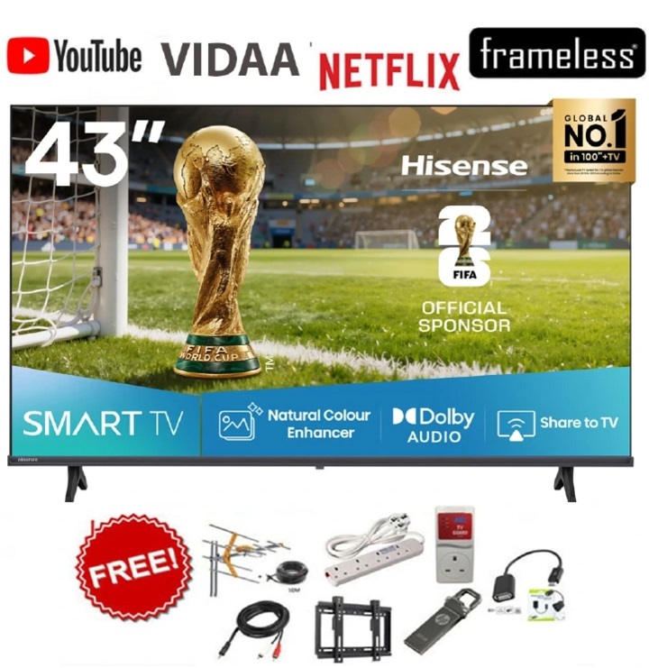 HISENSE 43" INCH SMART TV,FRAMELESS SMART DIGITAL TELEVISION, FULL HD RESOLUTION, 43A4 SERIES ,NETFLIX ,YOUTUBE TV,DTS, INBUILT DECODER, BUILT-IN WIFI,VIDAA OS,NATURAL COLOR ENHANCER+ 7 FREE GIFTS
